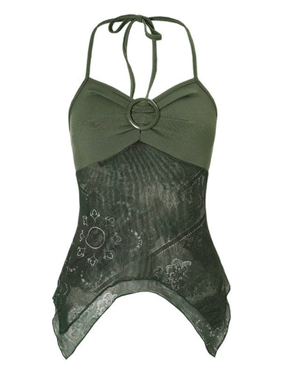 Printed Patchwork Halter V-neck Irregular Tank Top
