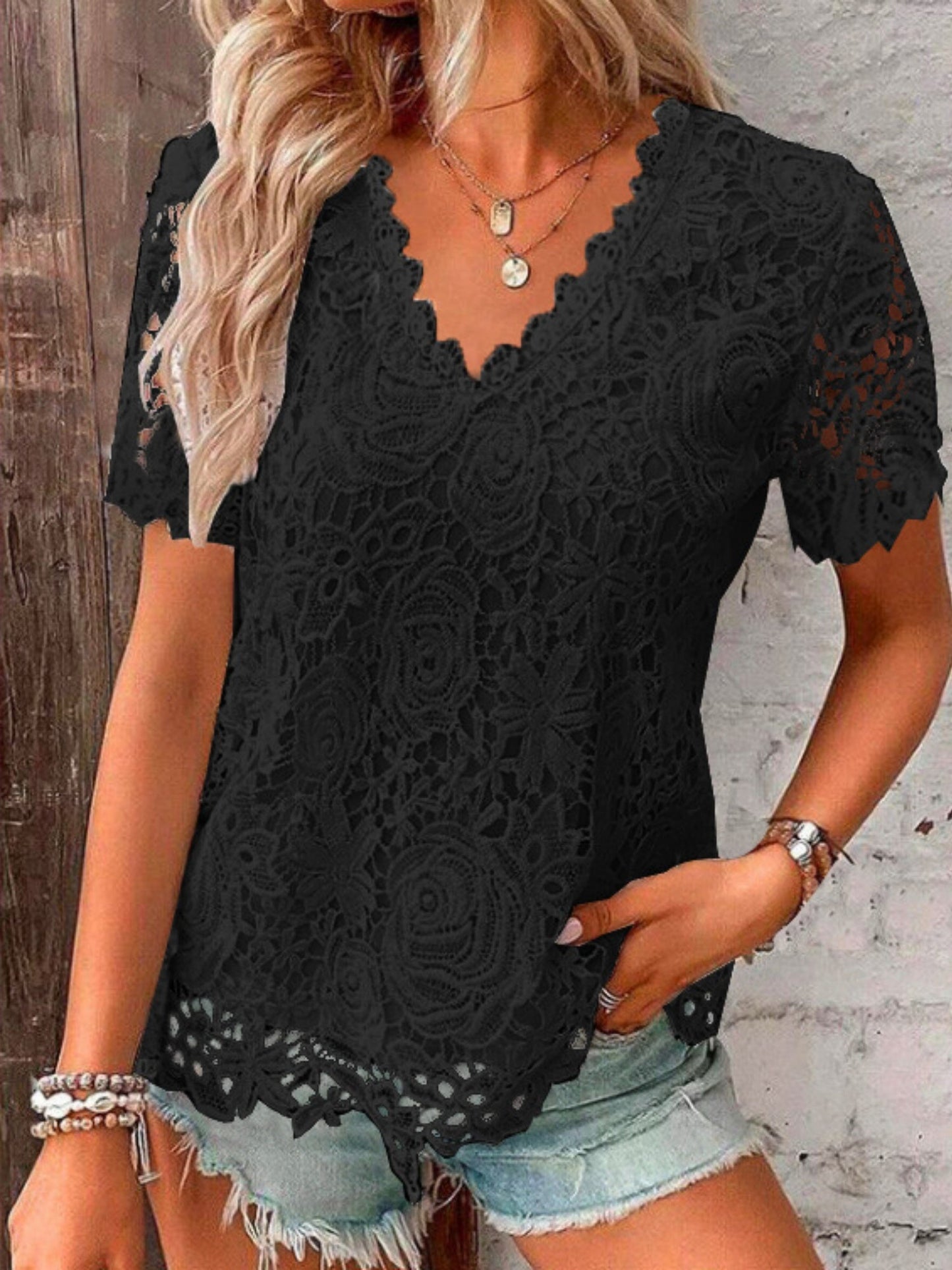 Lace Trim V-neck Short-sleeved T-shirt