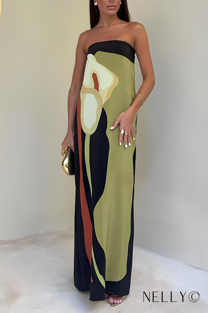 Strapless Abstract Calla Lily Graphic Column Maxi Dress