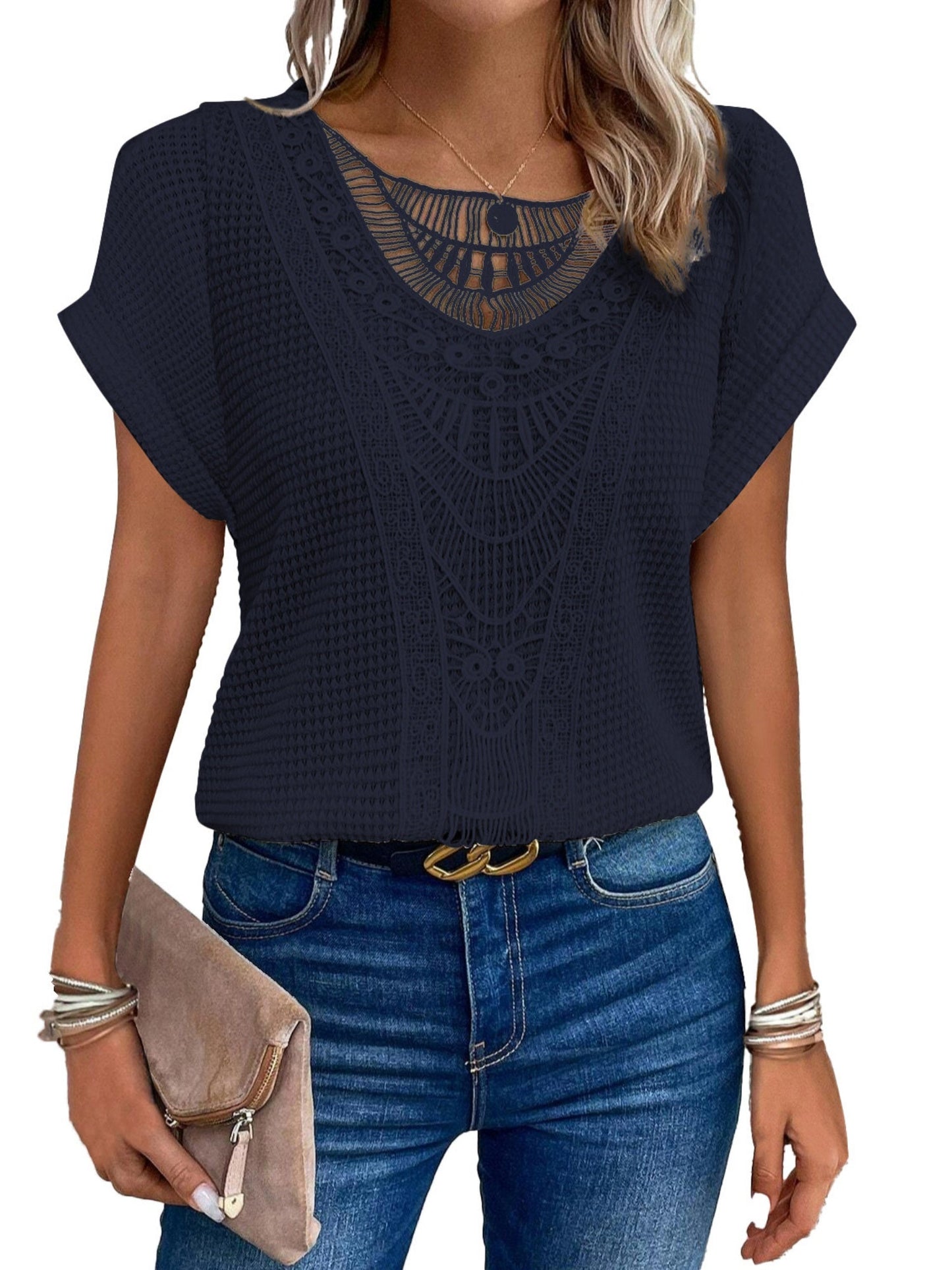 Openwork Lace Crew Neck Patchwork Cropped T-shirt