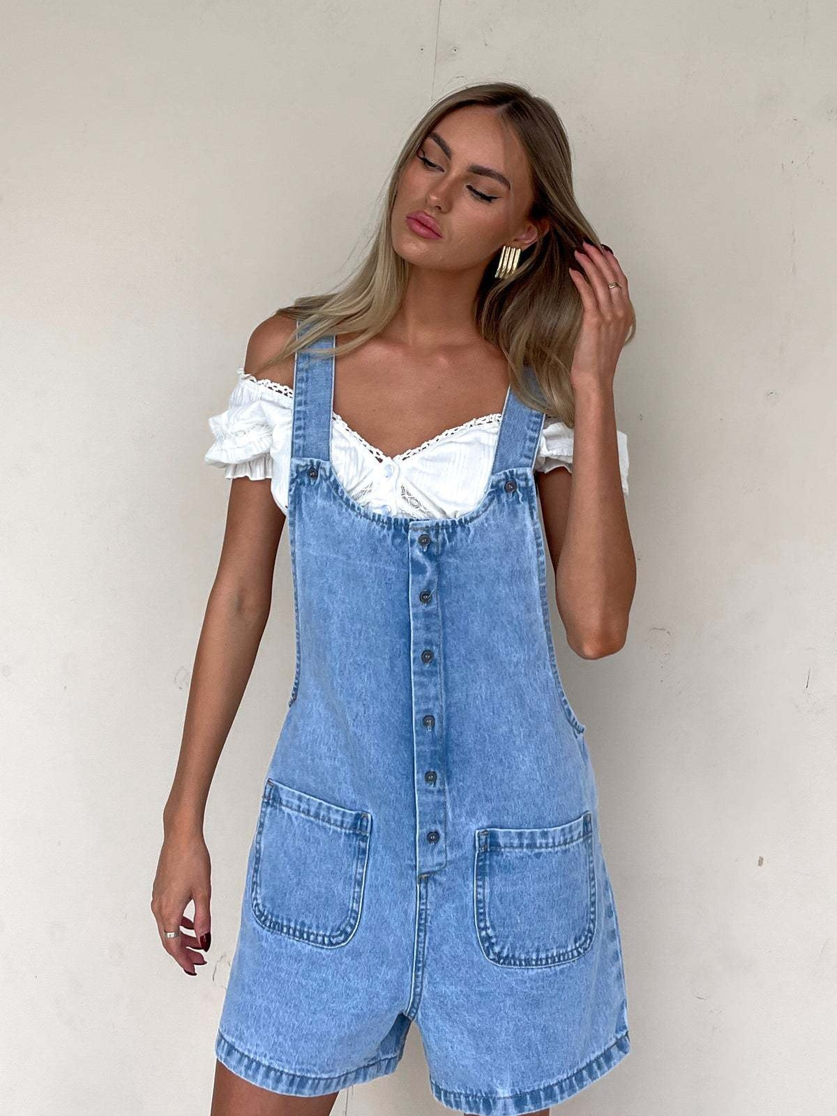 Straight-leg Denim Overalls Shorts