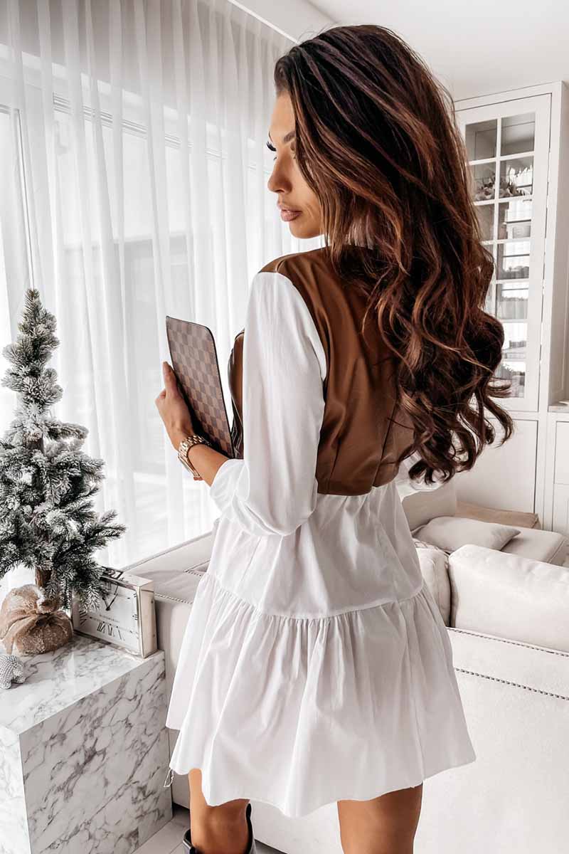 Collared Shirt Sleeve Faux Leather Panel Tiered Ruffle Mini Dress