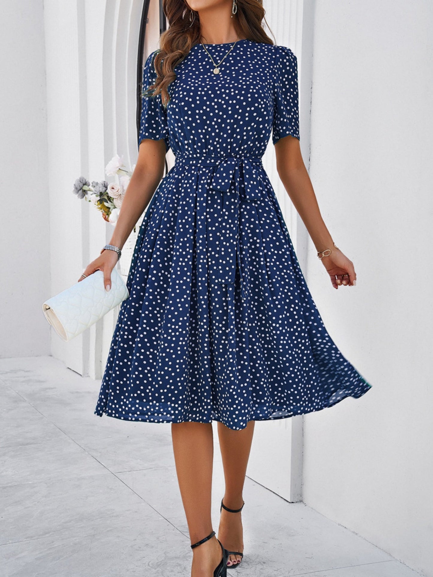 Polka Dots Crew Neck Waist Tie Short Sleeves Maxi Dresses