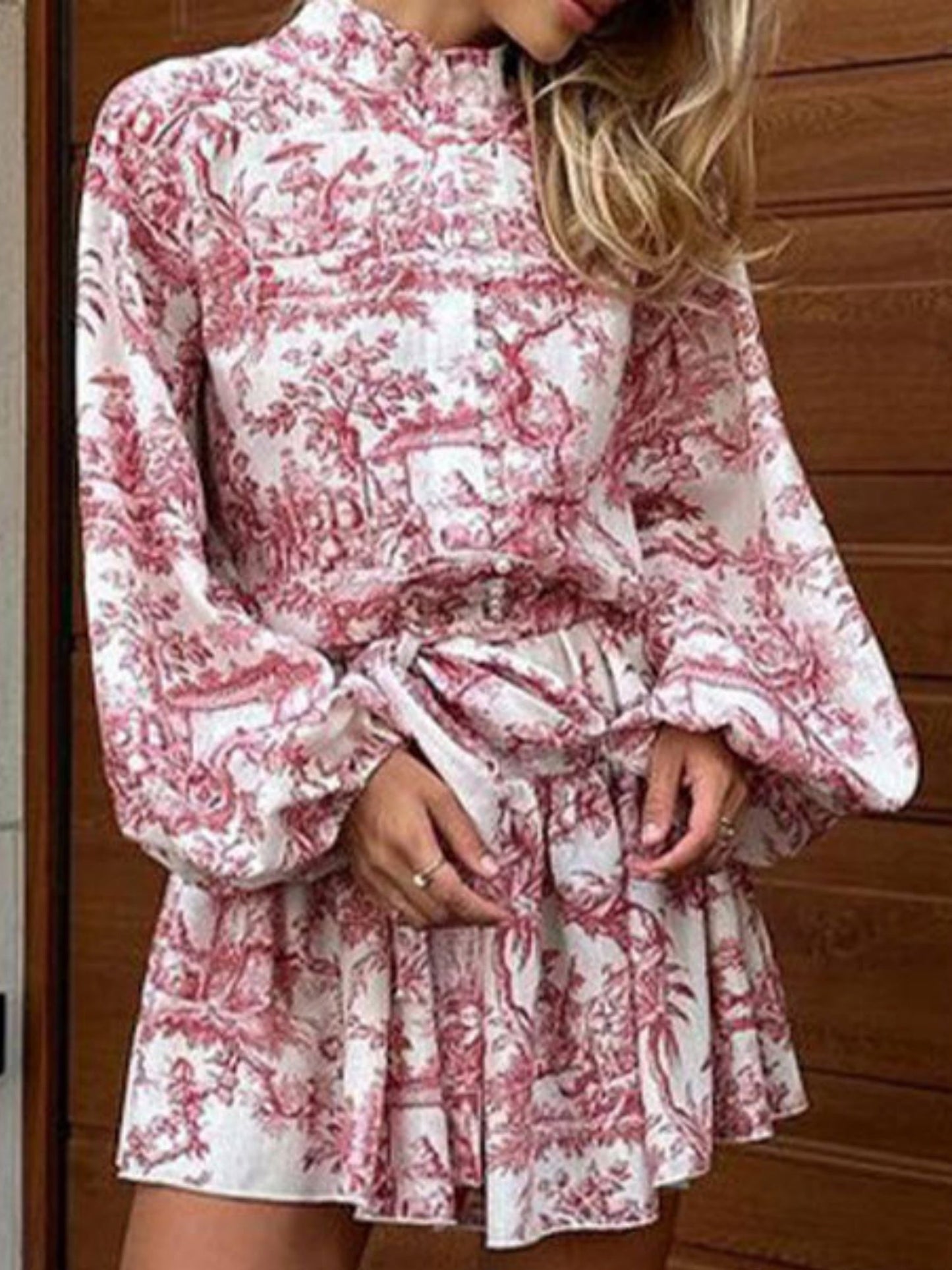 Printed Stand-up Collar Tie Balloon Sleeve Mini&Short Dresses