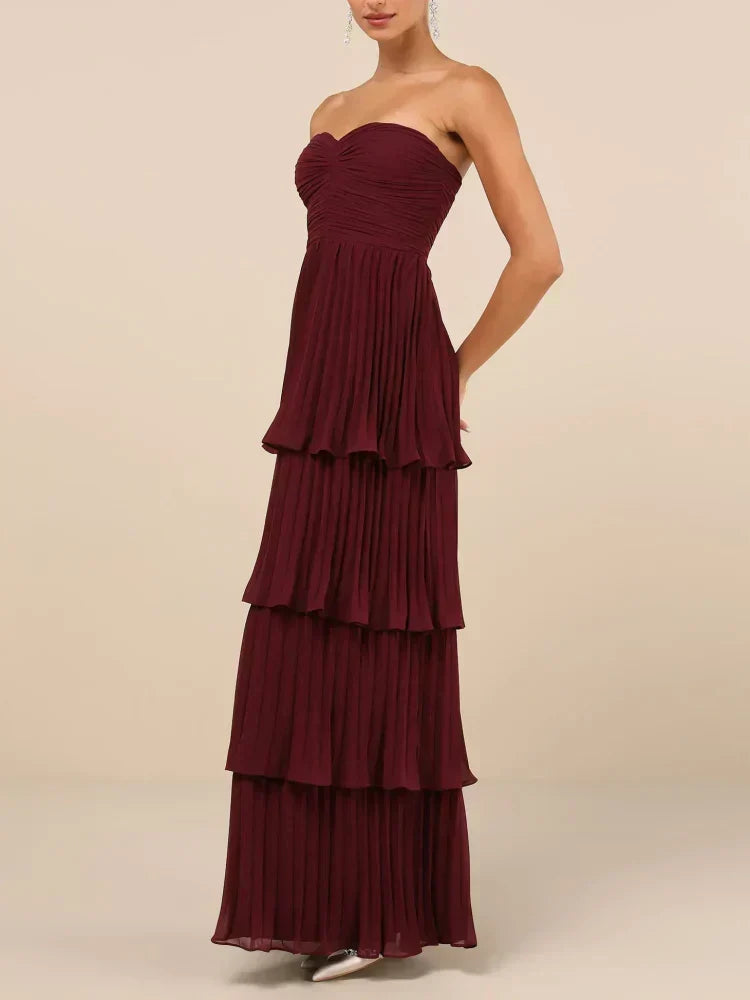 Strapless Sweetheart Ruched Pleated Tiered Maxi Gown