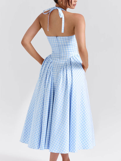 Gingham Plunge Halter Neck Fit and Flare Midi Dress