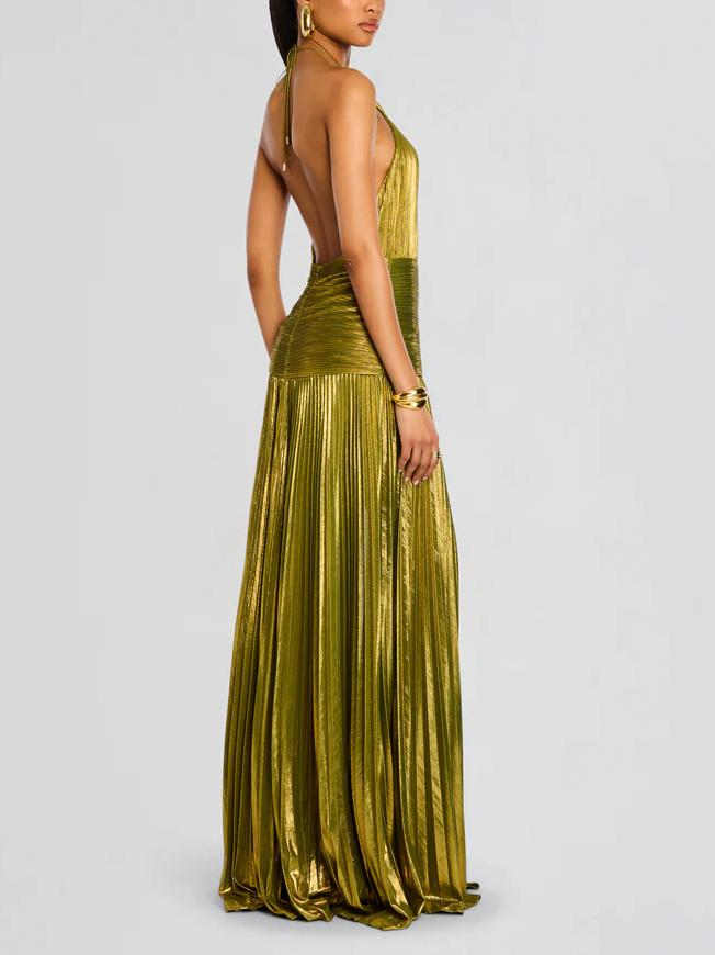 Halter Metallic Plisse Waistband High Slit Maxi Gown