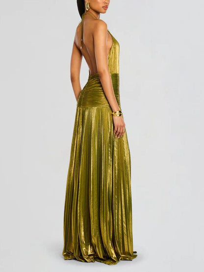 Halter Metallic Plisse Waistband High Slit Maxi Gown