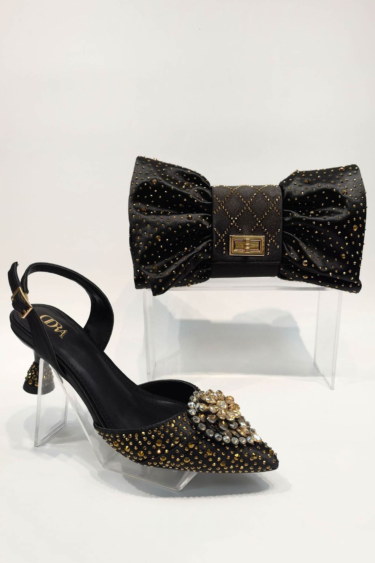 Pointed Rhinestone High Heels With Bow Hand Bag