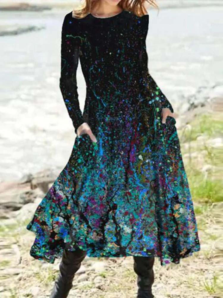 Abstract Paint Splatter Print Crew Neck Long Sleeve Pocket Maxi Dress