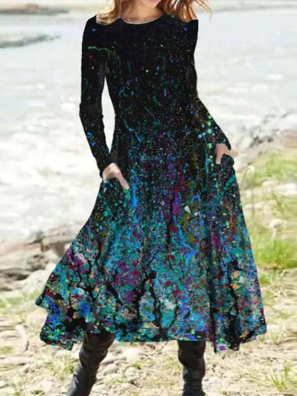 Abstract Paint Splatter Print Crew Neck Long Sleeve Pocket Maxi Dress