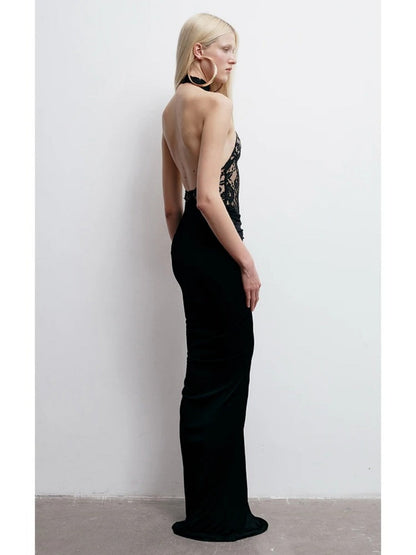 Lace Halter Black Sexy Backless Formal Dress Banquet Parties Maxi Dresses