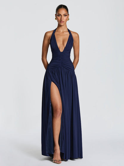 Pleated High Fork Halter Neck And Backless Maxi Dresses