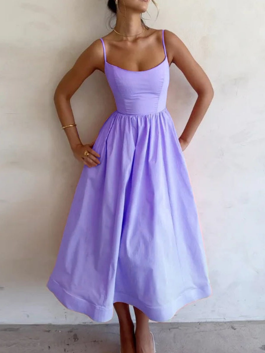 Sexy Fitted Waist Pleated Solid Color Full Skirt Halter Long Dress