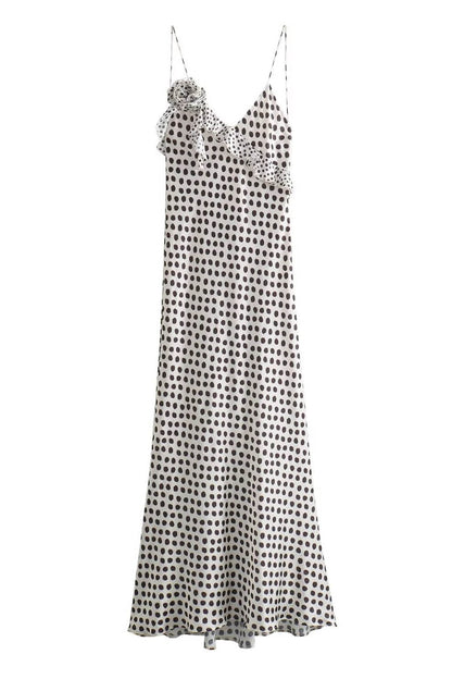 Polka Dot Print Deep V-Neck Asymmetric Ruffle Spaghetti Strap Bodycon Maxi Dress