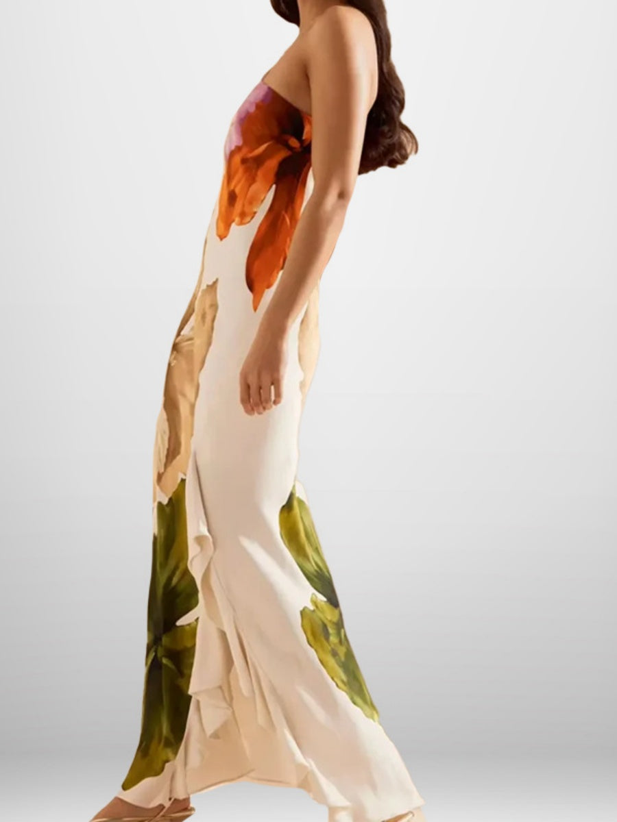 Elegant One-shoulder Halter Long Dress With Large Floral Print