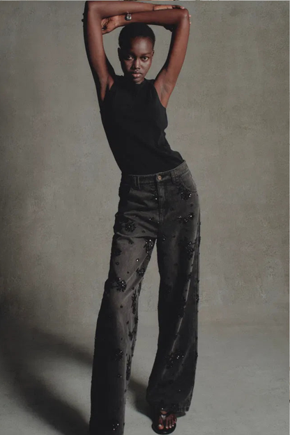 Jhenie Beaded Sequin Floral Wide-Leg Denim Jeans