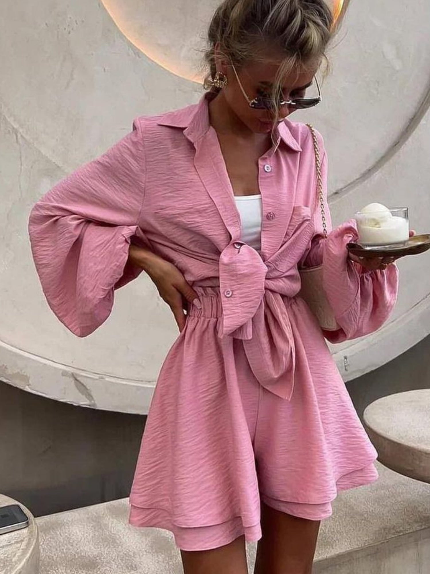 Long-sleeved Top Ruffled Shorts 2-piece Sets