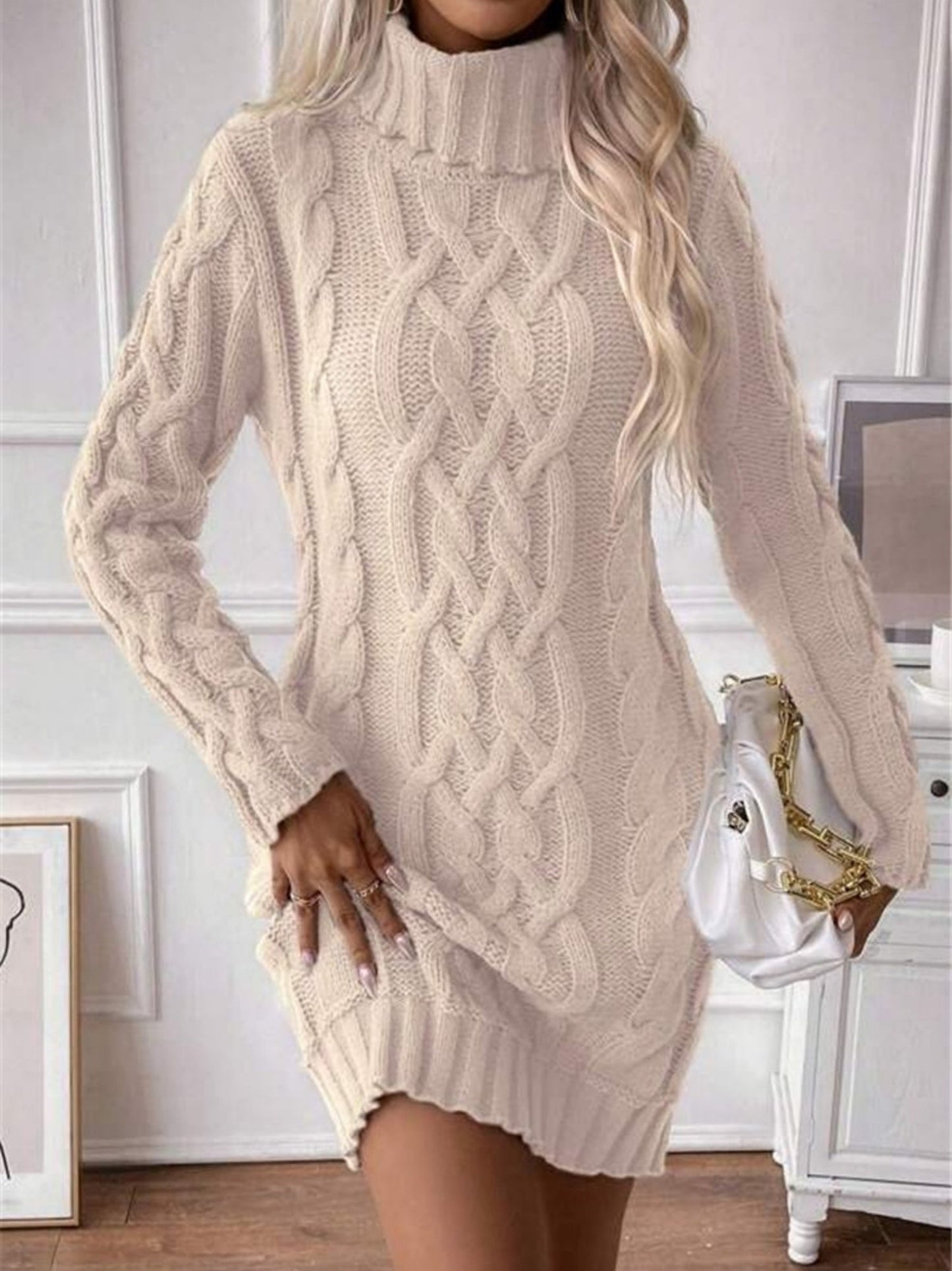 Twisted Thread Turtleneck Knitted Sweaters Midi Dresses