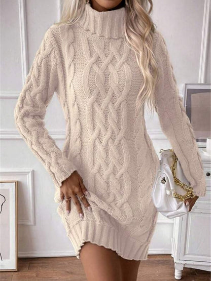Twisted Thread Turtleneck Knitted Sweaters Midi Dresses