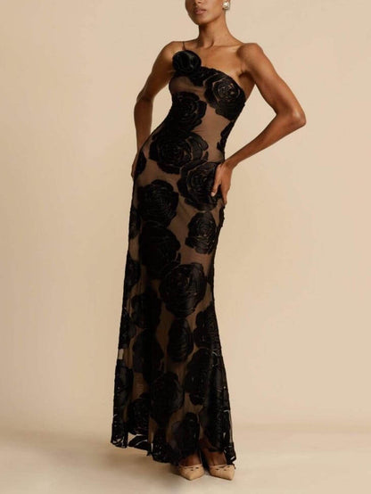 One Shoulder 3D Floral Appliqué Sheer Burnout Mesh Maxi Gown
