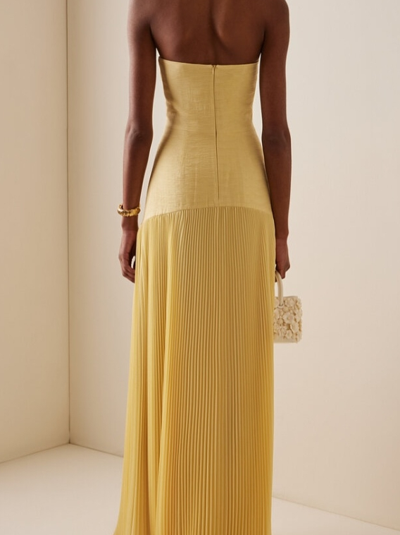 Strapless Vertical Accordion Pleated Floor Length Ball Gown Maxi Dress