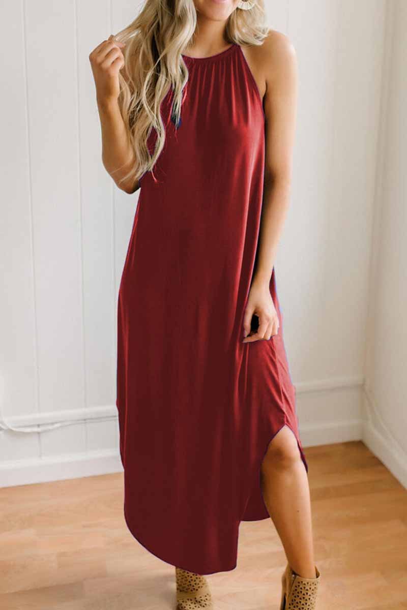 Halter Neck Sleeveless Front Knot High-Low Swing Midi Dress