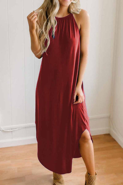 Halter Neck Sleeveless Front Knot High-Low Swing Midi Dress