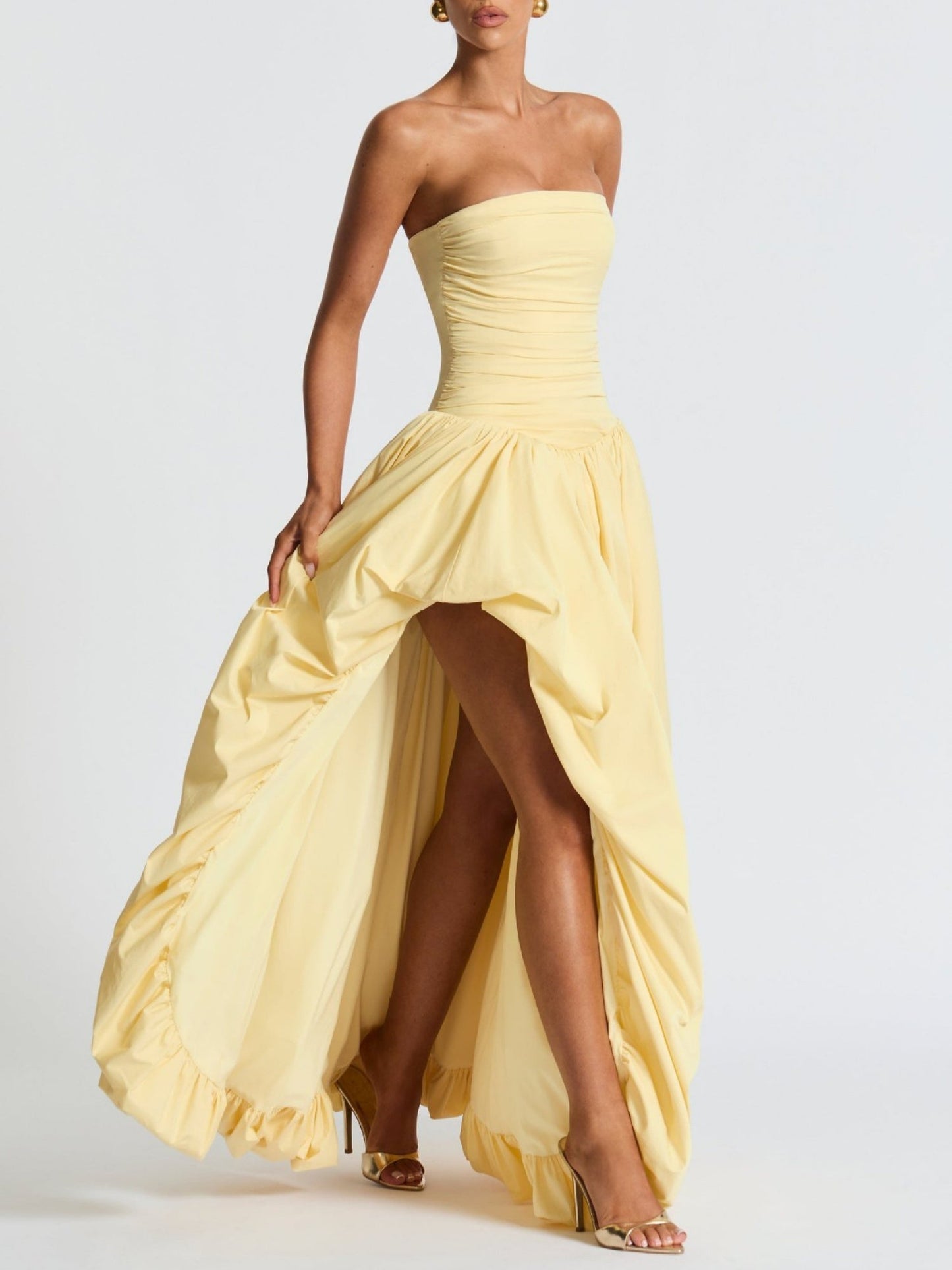 Pleated Slit Strapless Straps Maxi Dresses