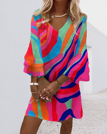 V-Neck Bell Sleeve Abstract Print Mini Dress