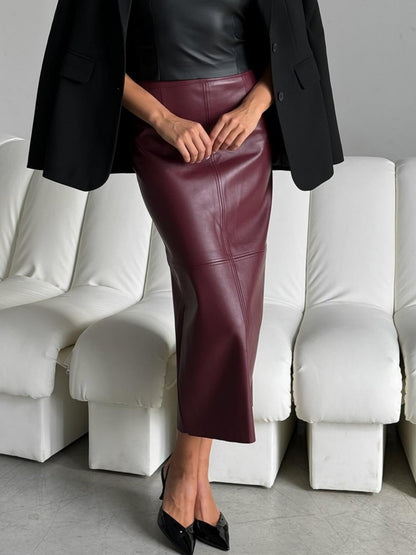 PU Leather High-waisted Back Slit Longline Skirts