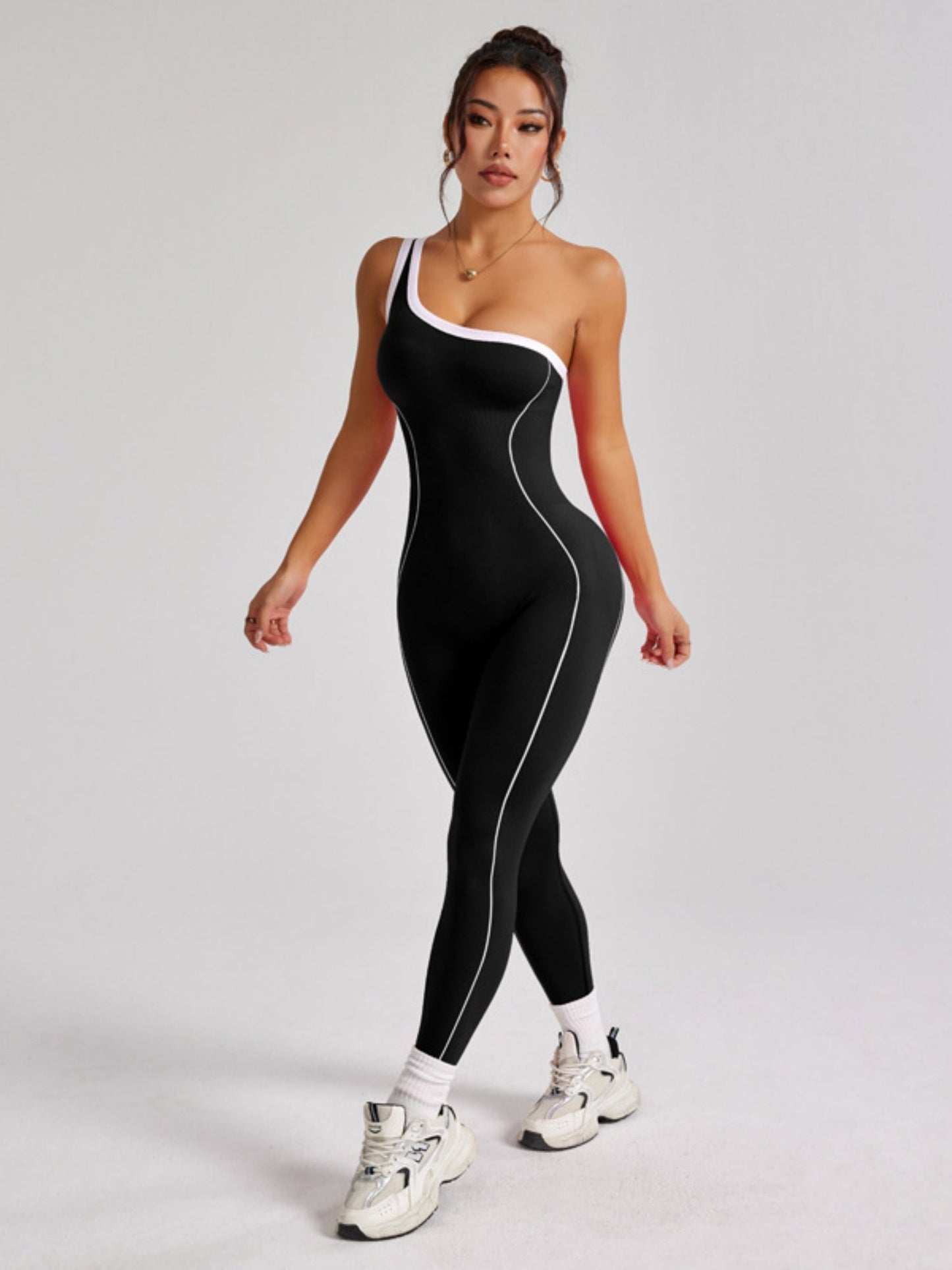 Color-blocked Stripes One Shoulder Exercise And Fitness Yoga Jumpsuits