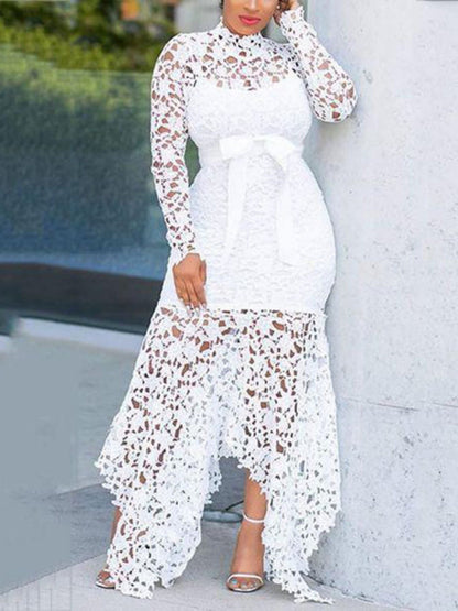 Lace Cutout Lace Up Stand-up Collar Long Sleeves Maxi Dresses