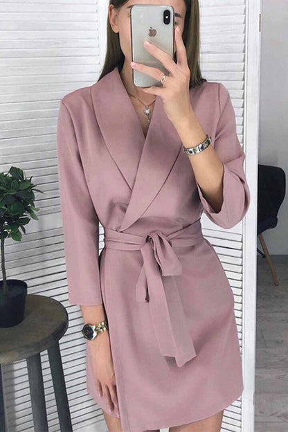 Shawl Collar Wrap Blazer Self Tie Belt Mini Dress