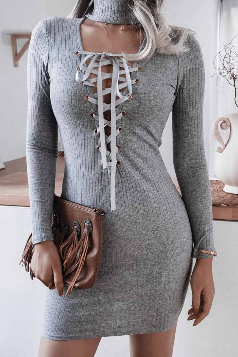 Choker Neck Lace Up Ribbed Knit Long Sleeve Bodycon Mini Dress