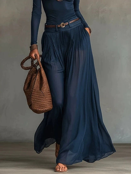 Solid Color, Simple, One-shoulder, Long-sleeved, Casual And Comfortable Two-piece Dress Set With Belt.