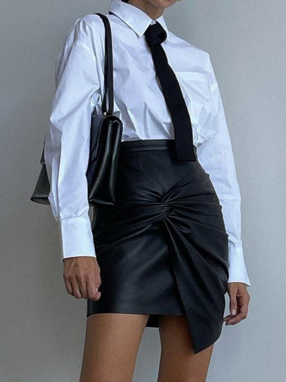 PU Leather Pleated High-waisted Knot Hip Wrap Skirts