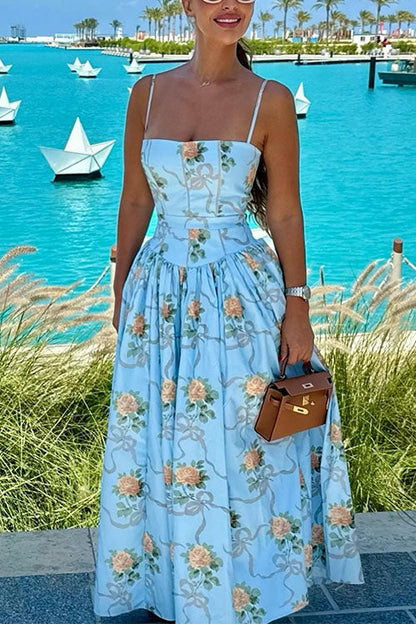 Margovil Spaghetti Strap Waisted Floral Print A-line Maxi Dress