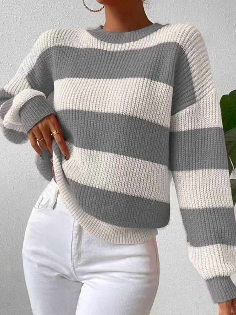 Stripes Contrasting Colors Dropped Shoulder Sleeves Loose Sweaters