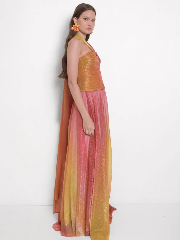 Metallic Plisse Halter Keyhole Ruched Bodice Maxi Gown