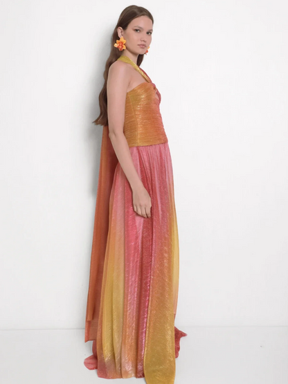 Metallic Plisse Halter Keyhole Ruched Bodice Maxi Gown