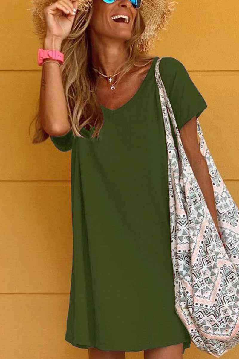 V-Neck Short Sleeve Loose Shift Mini Dress