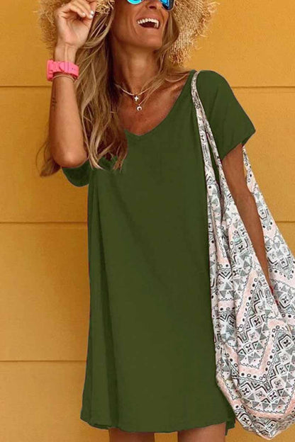 V-Neck Short Sleeve Loose Shift Mini Dress