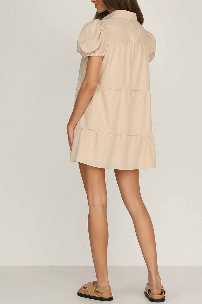 Tiered Puff Sleeve Button-Down Collar Smock Mini Dress