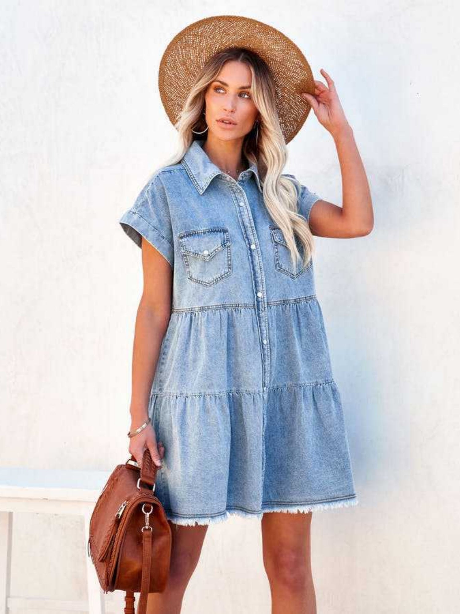 Denim Buttons POLO Collar Short-sleeved Shirt Mini&Short Dresses
