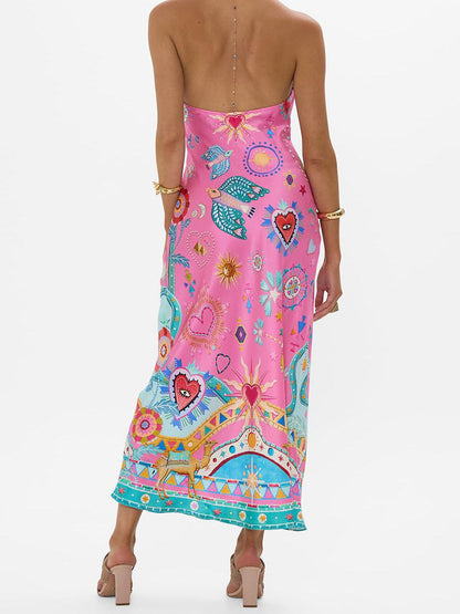 V Neck Beaded Trim Halter Strap Celestial Print Border Hem Maxi Dress