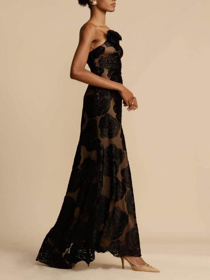 One Shoulder 3D Floral Appliqué Sheer Burnout Mesh Maxi Gown