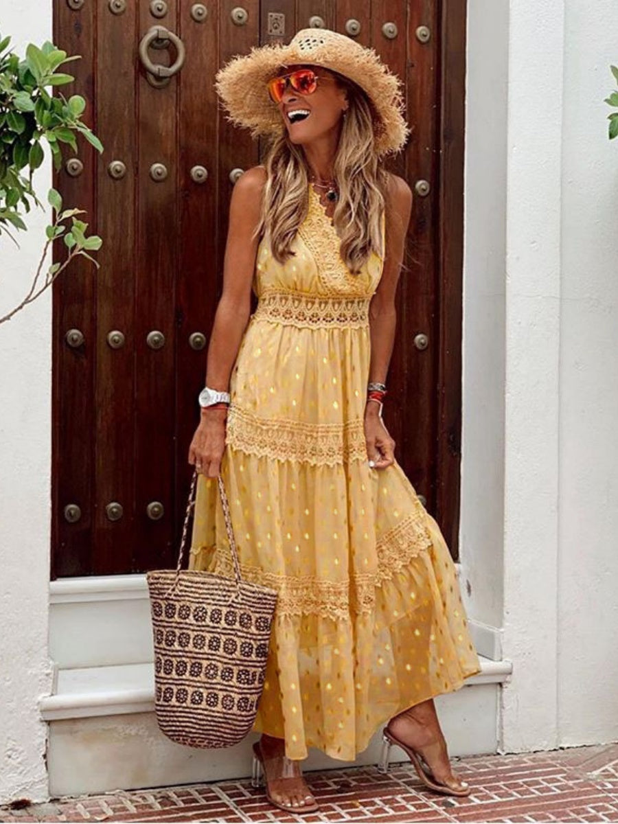 Deep V Sleeveless Lace-trimmed Chiffon Long Dress