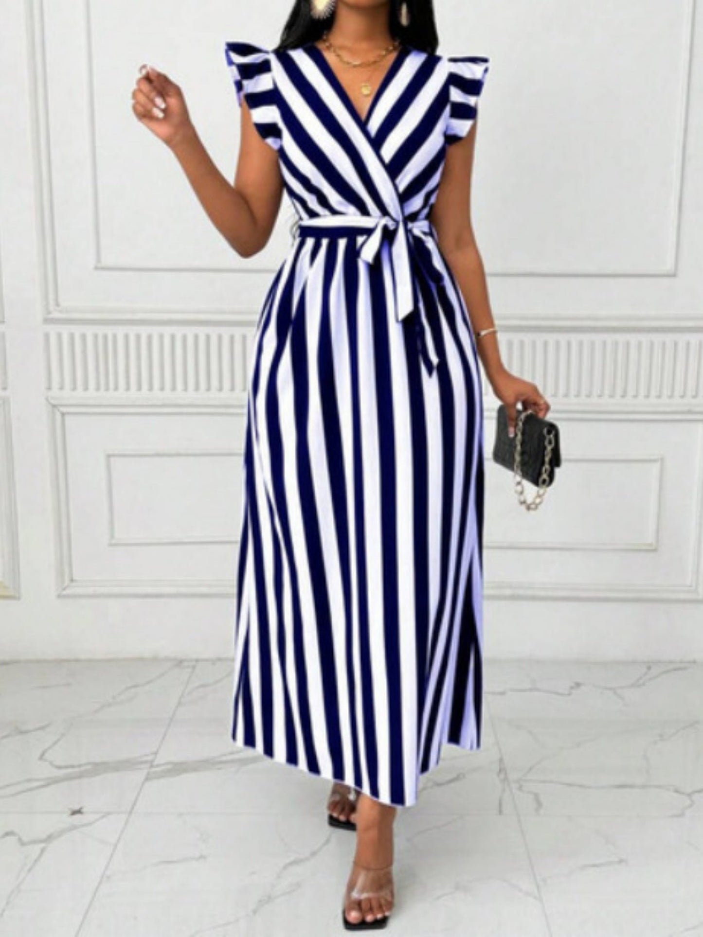 Stripes V-neck Belts Maxi Dresses