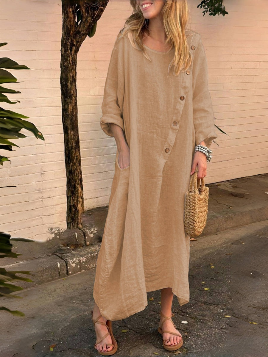Round Neck, Long Sleeves, Solid Color Cotton And Linen, Irregular Buttons Maxi Dresses